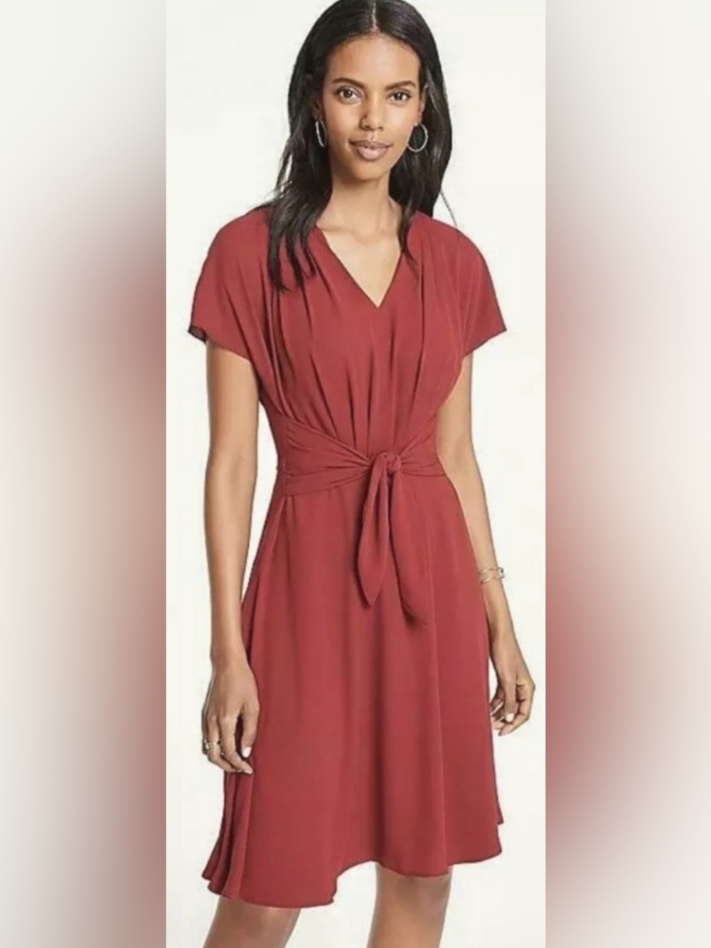 Ann Taylor Women’s Petite Pleated Tie-Front Flare Dress Spicy Red 6P New NWT